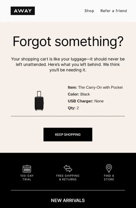 Away abandoned cart email example