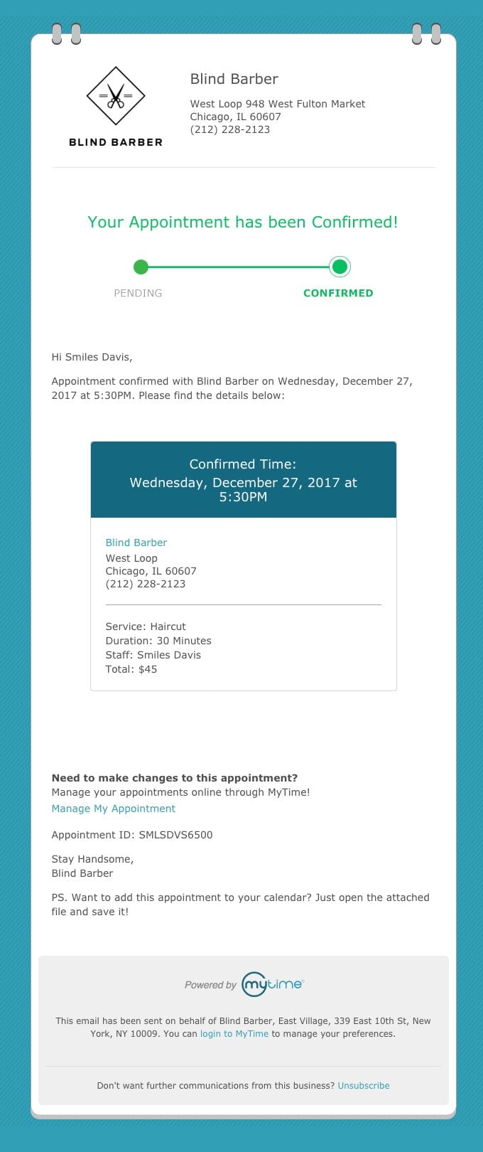 Appointment Confirmation email