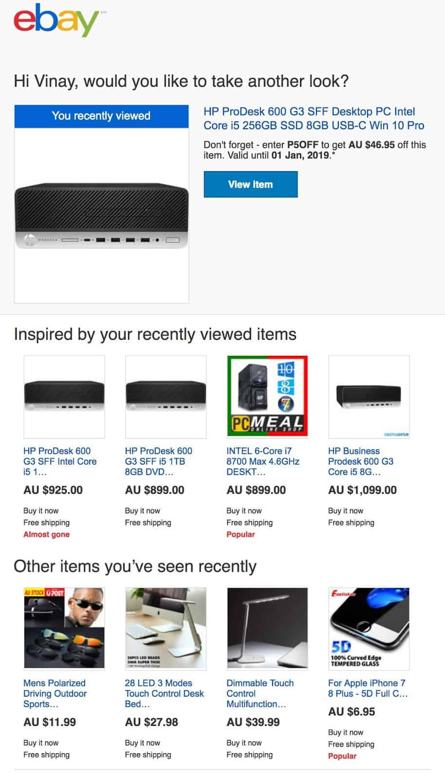 EBay product recommendation email