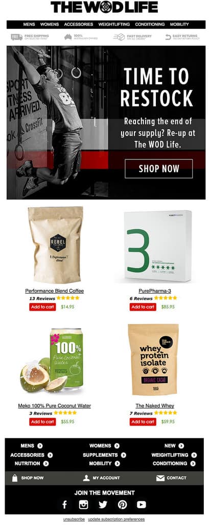 The WOD life replenishment email example