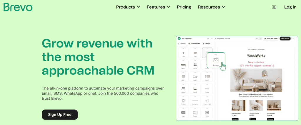 Brevo CRM homepage screenshot—HubSpot alternative for omnichannel marketing