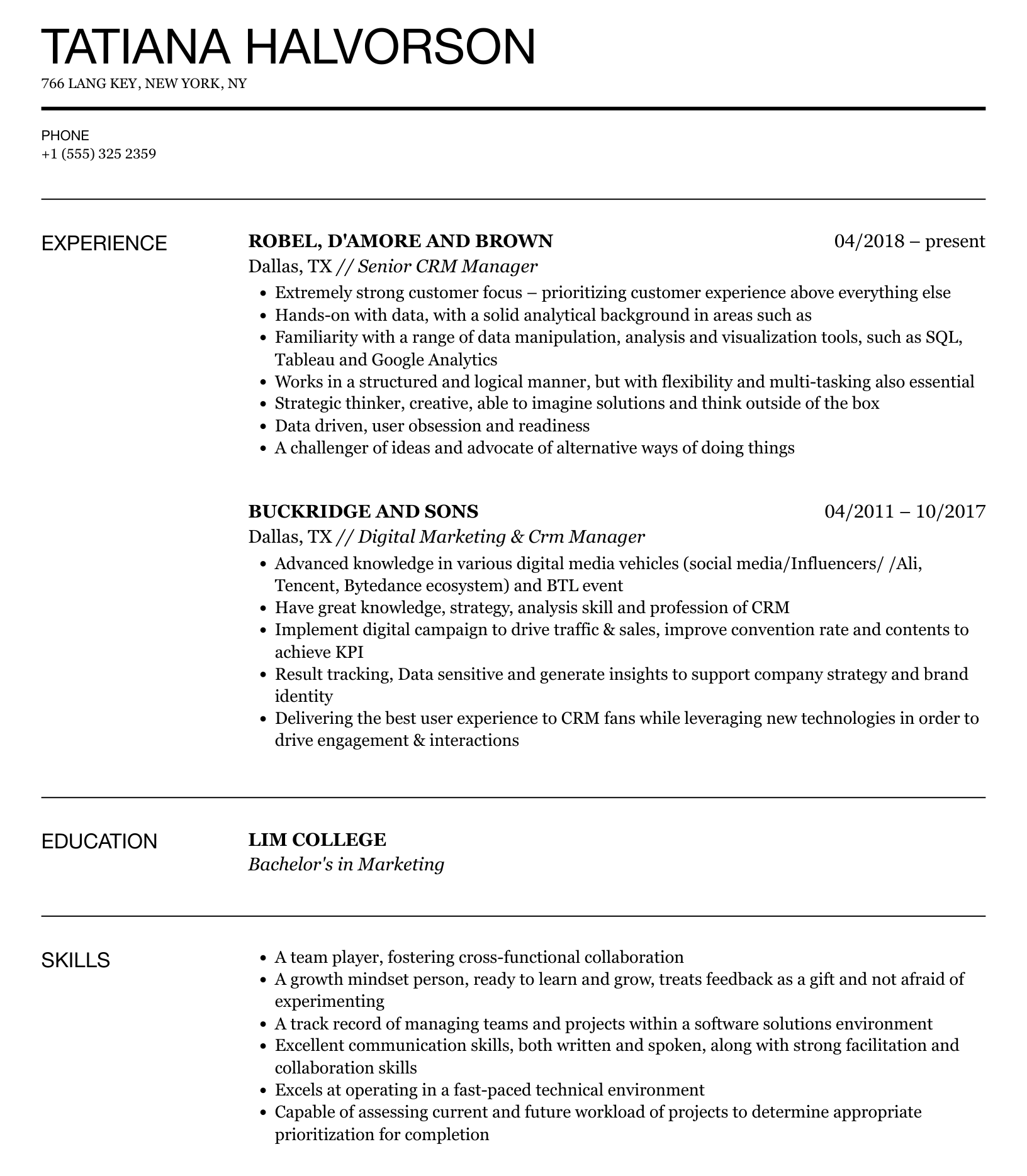 CRM Resume Example