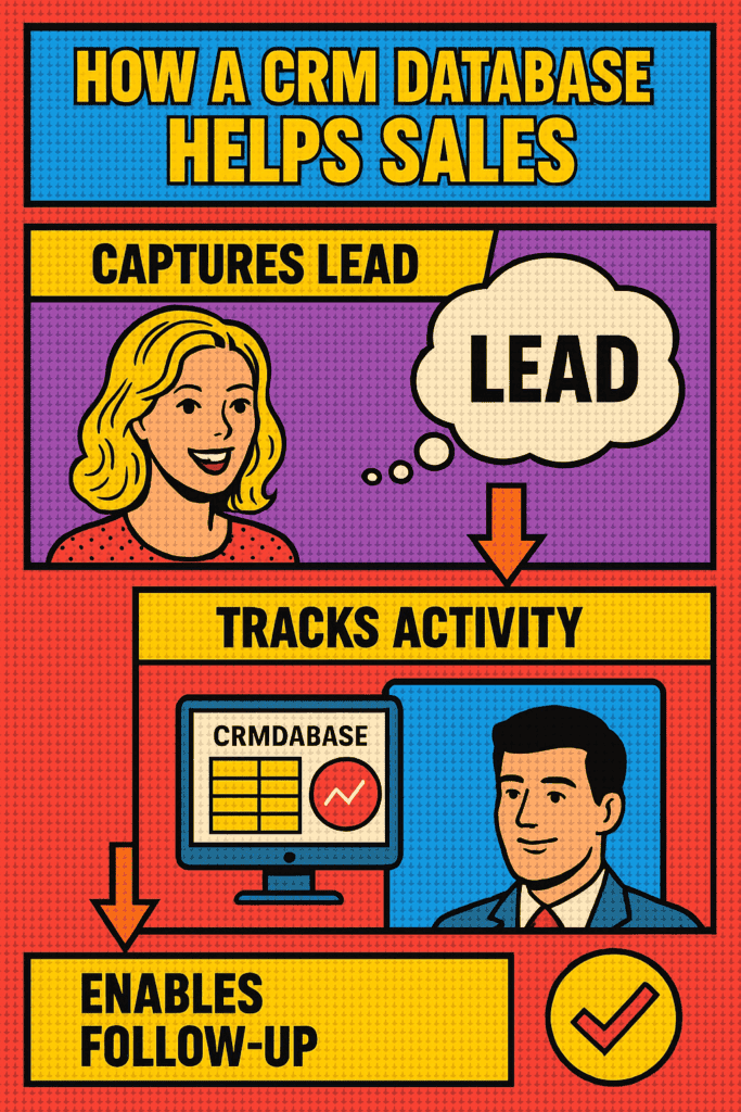 Flowchart showing how CRM database captures lead → tracks activity → enables follow‑up