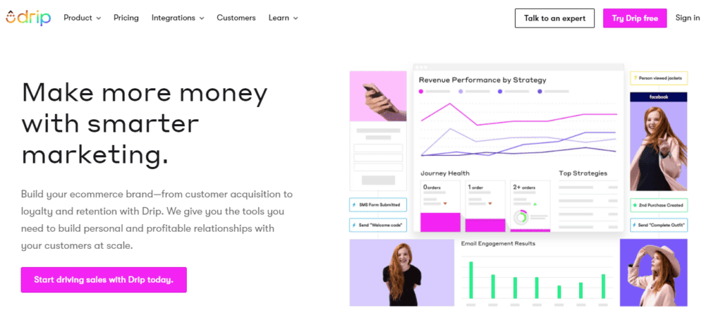 Drip CRM homepage screenshot—HubSpot alternative for affordable CRM