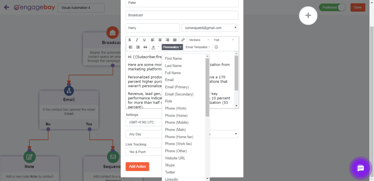 CRM database dashboard showing personalization tools