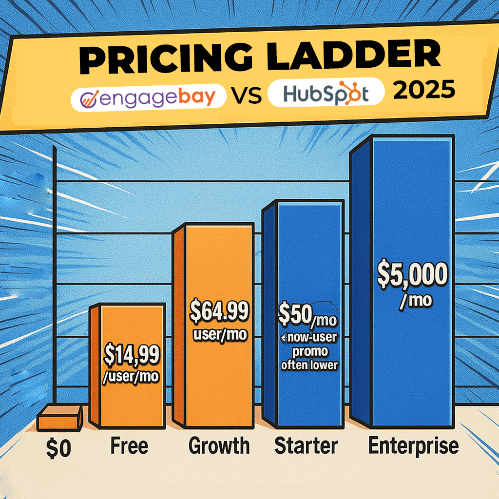 Bar chart: EngageBay vs HubSpot pricing tiers 2025