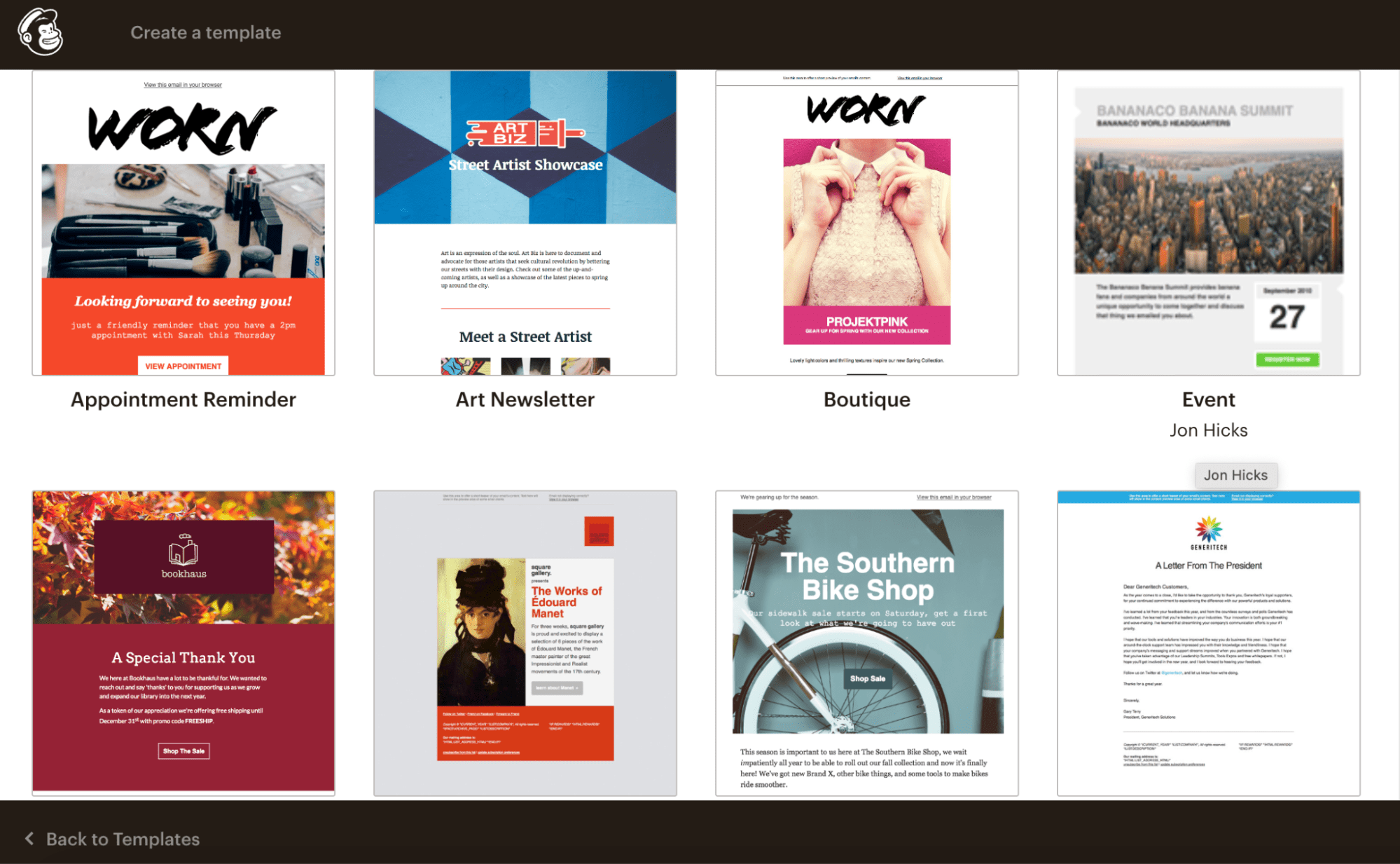 Email templates on Mailchimp dashboard