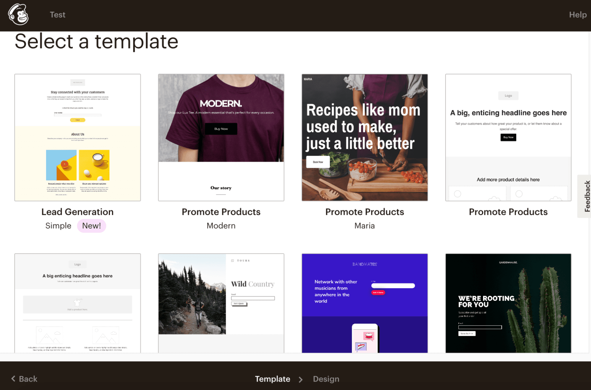 Dashboard of Mailchimp landing page templates