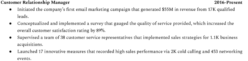 Customer Relationship Manager experience in Resume