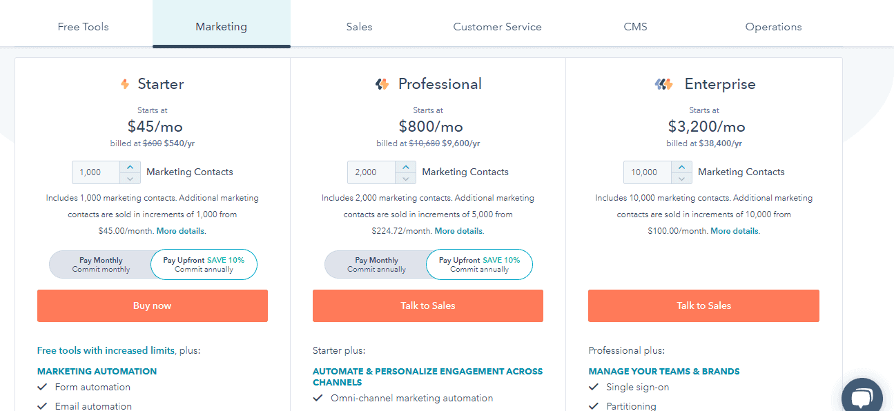 HubSpot pricing page