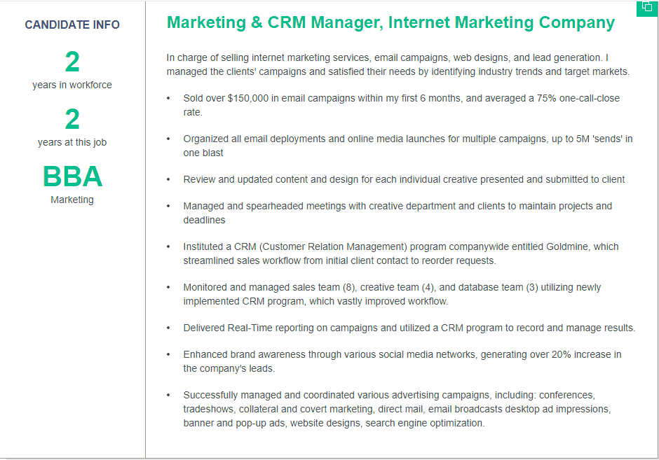 CRM experience in resume
