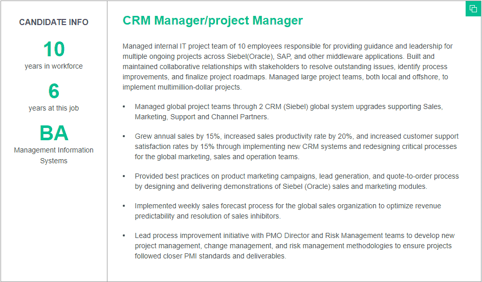 CRM systems experience in resume
