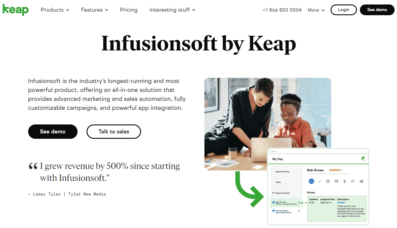 Screenshot of Keap (InfusionSoft) automation homepage