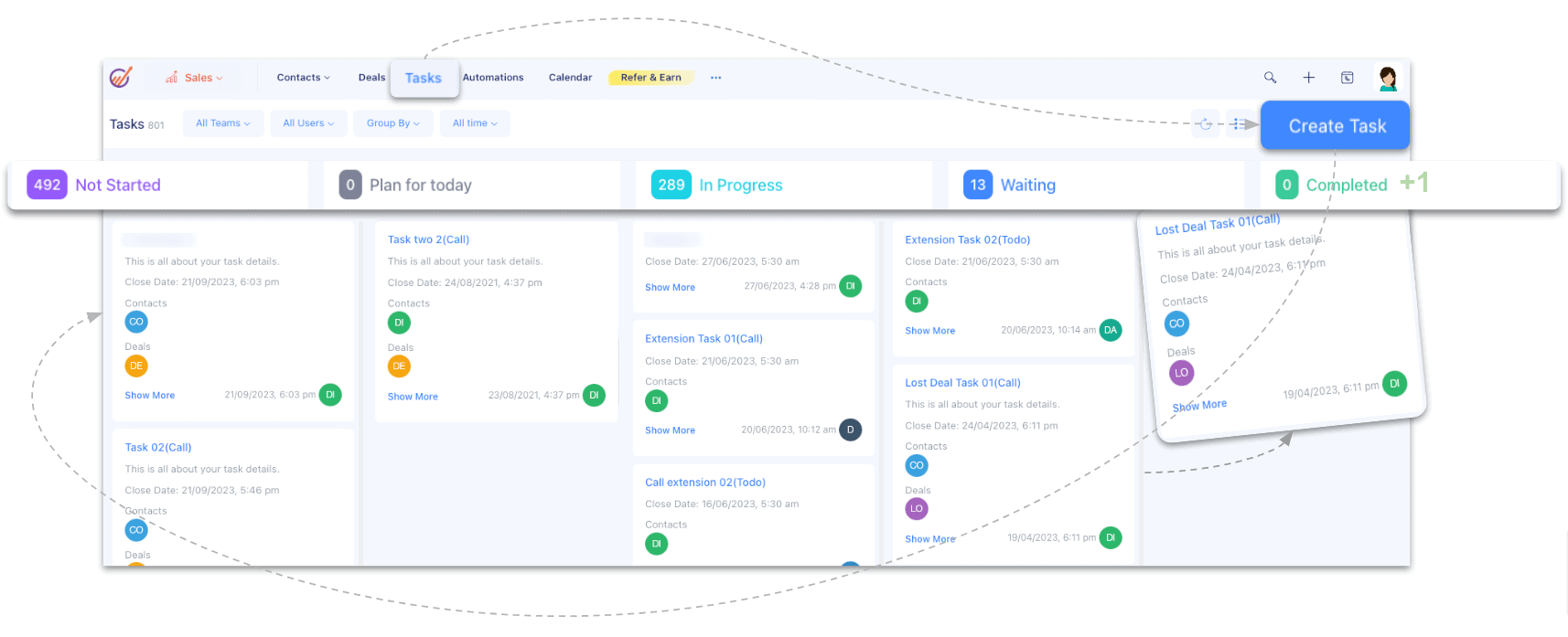 Project management features in EngageBay