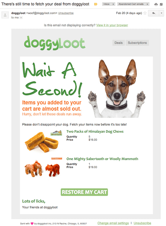Doggyloot Abandoned cart email sequence