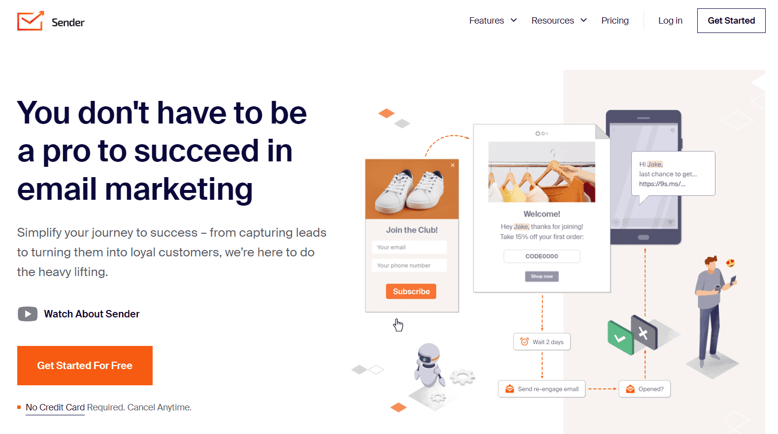 Screenshot of Sender automation homepage