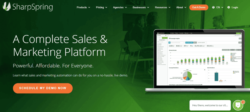 SharpSpring CRM homepage screenshot—HubSpot alternative for agency automation
