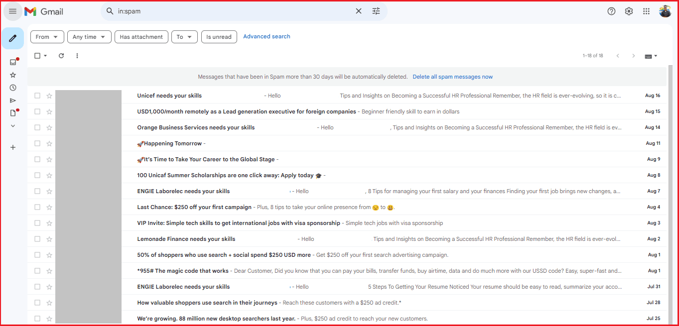 Spam folder screenshot